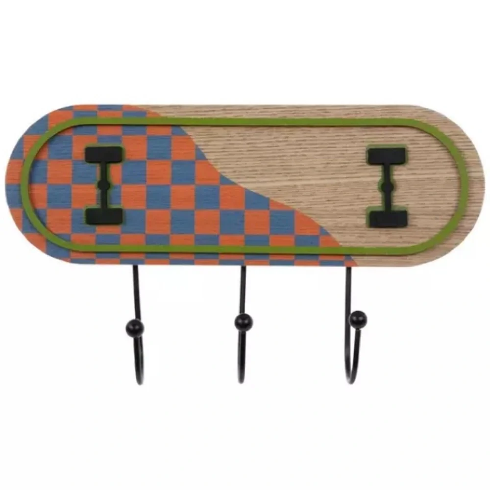 Checkered Skateboard Wood Wall Decor With Hooks